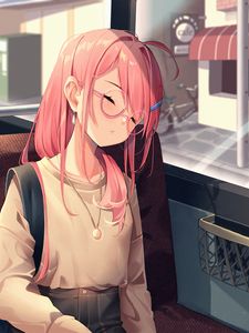 Preview wallpaper girl, glasses, bus, sleep, anime