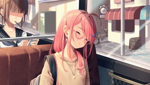 Preview wallpaper girl, glasses, bus, sleep, anime