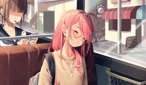Preview wallpaper girl, glasses, bus, sleep, anime