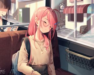 Preview wallpaper girl, glasses, bus, sleep, anime