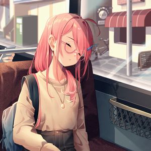 Preview wallpaper girl, glasses, bus, sleep, anime