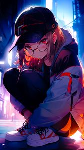 Preview wallpaper girl, glasses, cap, sneakers, pose, anime, art