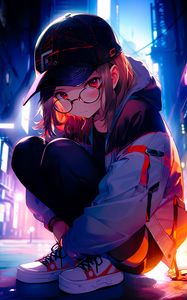 Preview wallpaper girl, glasses, cap, sneakers, pose, anime, art