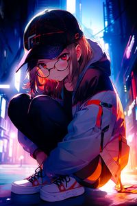 Preview wallpaper girl, glasses, cap, sneakers, pose, anime, art