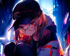 Preview wallpaper girl, glasses, cap, sneakers, pose, anime, art