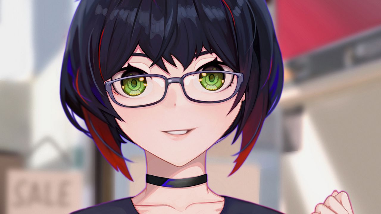 Wallpaper girl, glasses, choker, anime, art