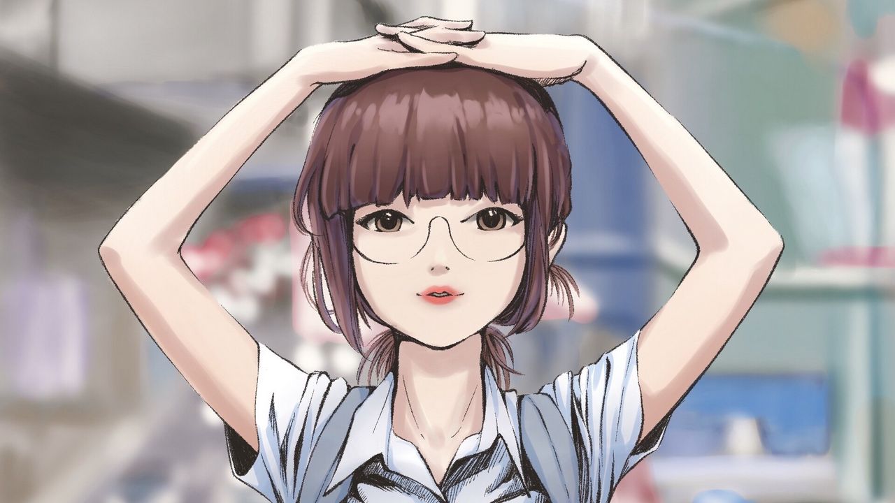Wallpaper girl, glasses, city, street, anime, art
