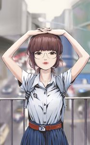 Preview wallpaper girl, glasses, city, street, anime, art