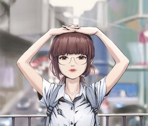 Preview wallpaper girl, glasses, city, street, anime, art