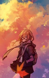 Preview wallpaper girl, glasses, clouds, anime, art