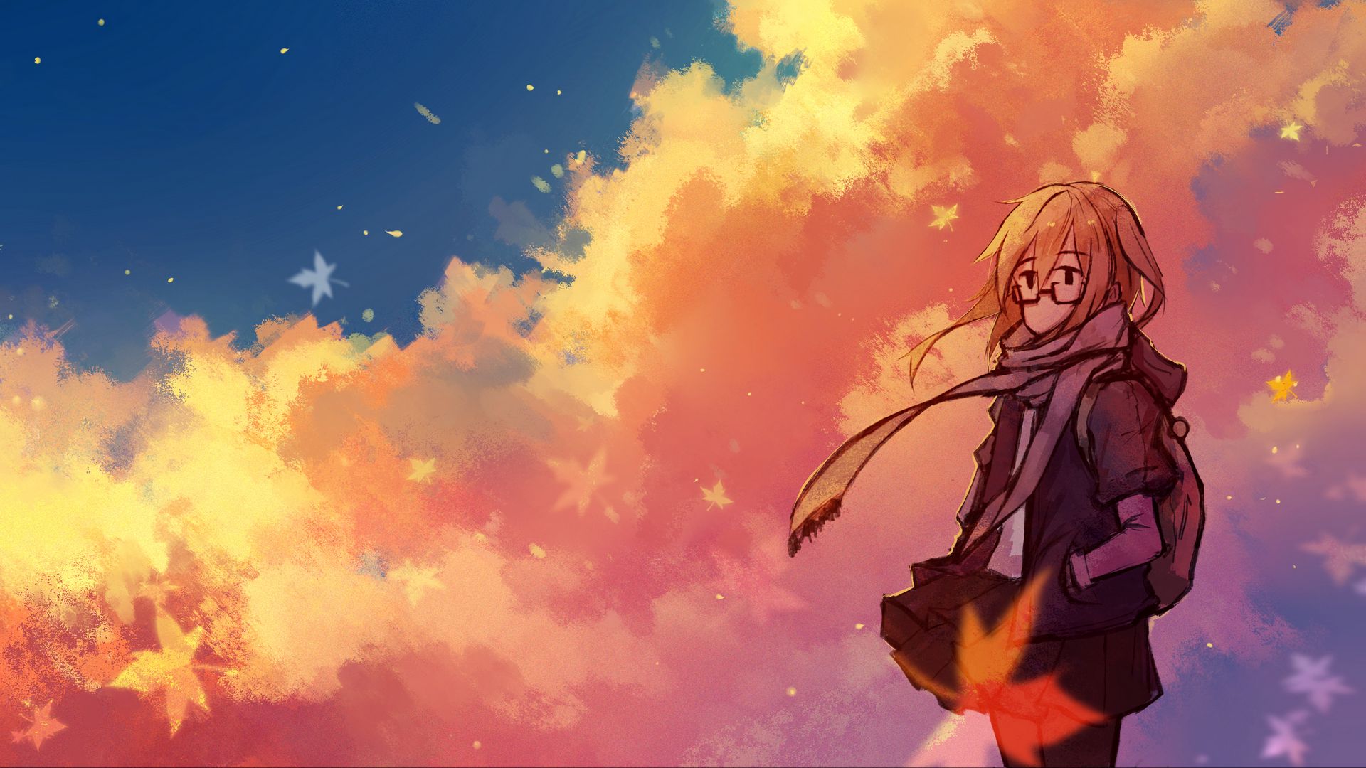 Download wallpaper 1920x1080 girl, glasses, clouds, anime, art full hd