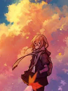 Preview wallpaper girl, glasses, clouds, anime, art