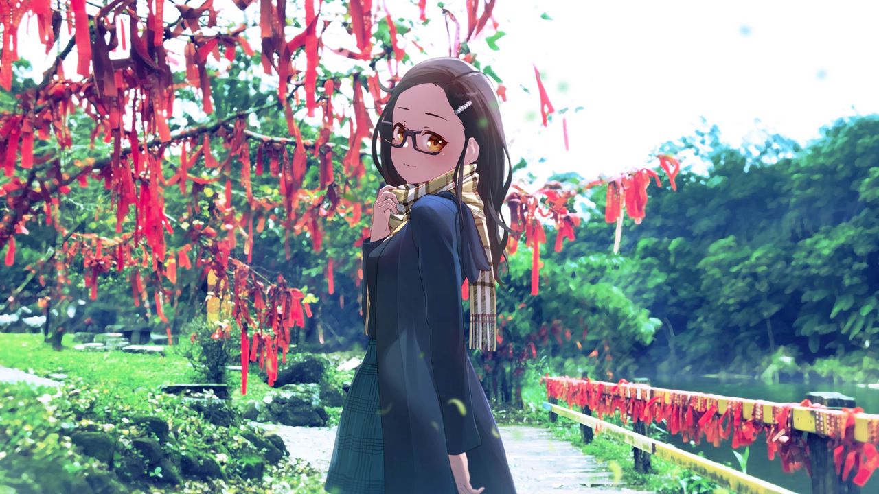 Wallpaper girl, glasses, coat, park, walk, anime