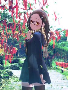 Preview wallpaper girl, glasses, coat, park, walk, anime