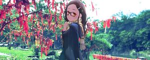 Preview wallpaper girl, glasses, coat, park, walk, anime
