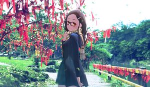 Preview wallpaper girl, glasses, coat, park, walk, anime