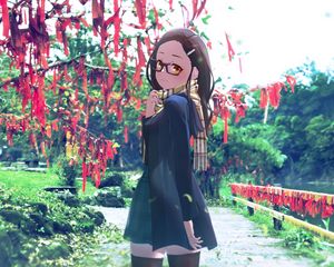 Preview wallpaper girl, glasses, coat, park, walk, anime