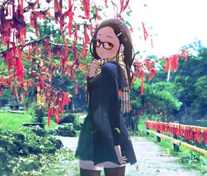 Preview wallpaper girl, glasses, coat, park, walk, anime