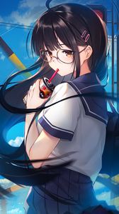 Preview wallpaper girl, glasses, coffee, cup, anime