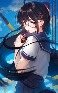 Preview wallpaper girl, glasses, coffee, cup, anime