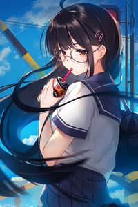 Preview wallpaper girl, glasses, coffee, cup, anime