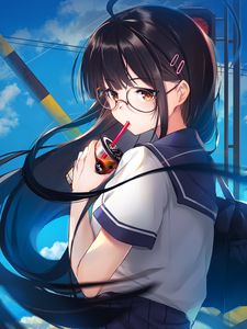 Preview wallpaper girl, glasses, coffee, cup, anime