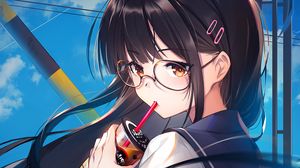 Preview wallpaper girl, glasses, coffee, cup, anime