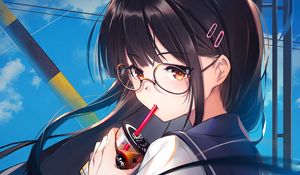 Preview wallpaper girl, glasses, coffee, cup, anime