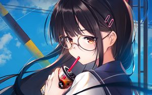 Preview wallpaper girl, glasses, coffee, cup, anime