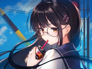 Preview wallpaper girl, glasses, coffee, cup, anime