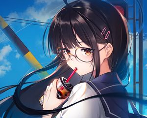 Preview wallpaper girl, glasses, coffee, cup, anime