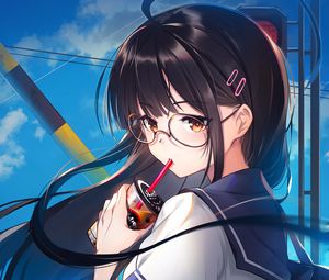 Preview wallpaper girl, glasses, coffee, cup, anime