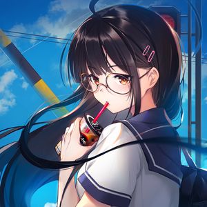 Preview wallpaper girl, glasses, coffee, cup, anime