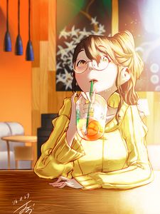 Preview wallpaper girl, glasses, drink, glass, cafe, anime