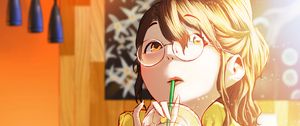 Preview wallpaper girl, glasses, drink, glass, cafe, anime
