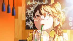Preview wallpaper girl, glasses, drink, glass, cafe, anime