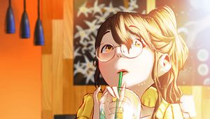 Preview wallpaper girl, glasses, drink, glass, cafe, anime