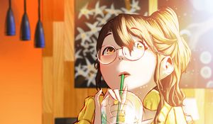 Preview wallpaper girl, glasses, drink, glass, cafe, anime