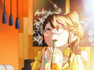 Preview wallpaper girl, glasses, drink, glass, cafe, anime