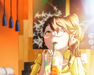 Preview wallpaper girl, glasses, drink, glass, cafe, anime