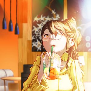 Preview wallpaper girl, glasses, drink, glass, cafe, anime