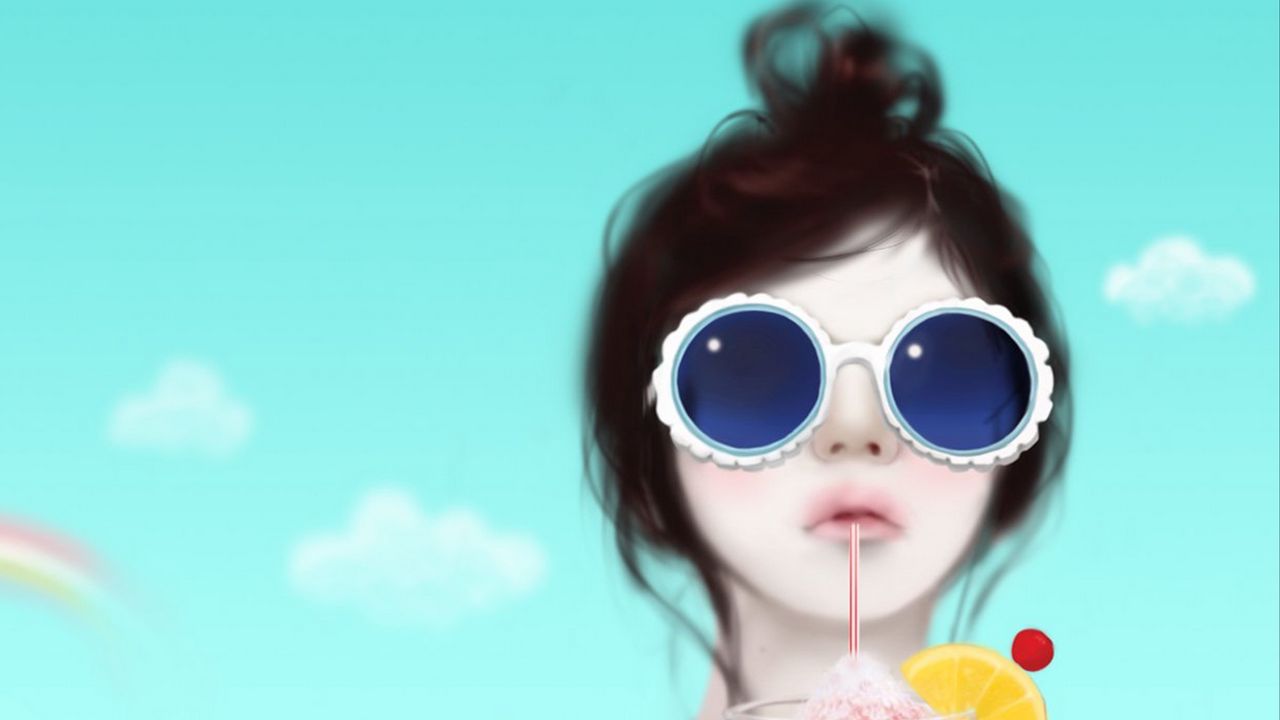 Wallpaper girl, glasses, drink, face