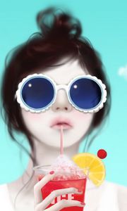 Preview wallpaper girl, glasses, drink, face