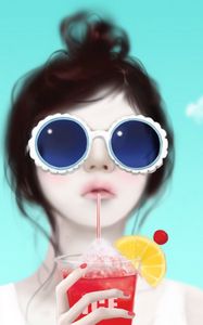 Preview wallpaper girl, glasses, drink, face