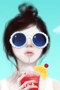 Preview wallpaper girl, glasses, drink, face