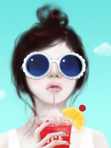 Preview wallpaper girl, glasses, drink, face