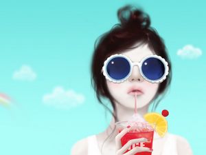 Preview wallpaper girl, glasses, drink, face