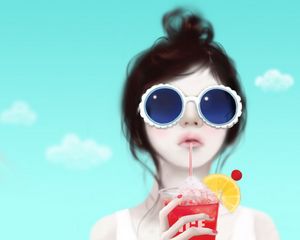 Preview wallpaper girl, glasses, drink, face