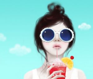 Preview wallpaper girl, glasses, drink, face