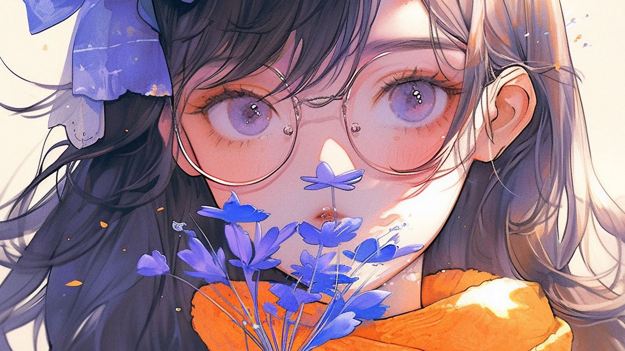 Wallpaper girl, glasses, flowers, leaves, autumn, anime